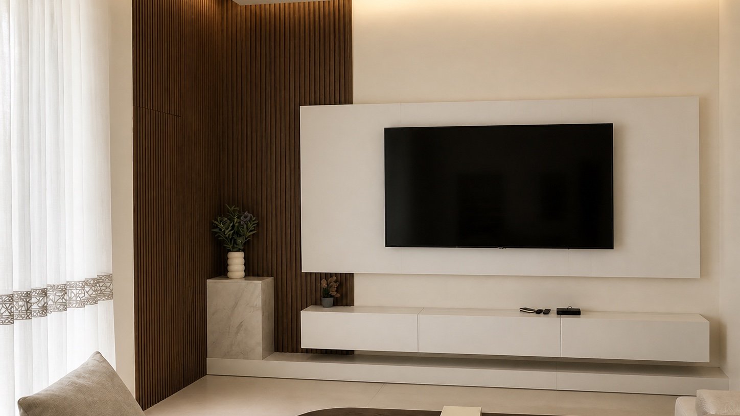 Completed DMI residential living room with a custom illuminated media wall